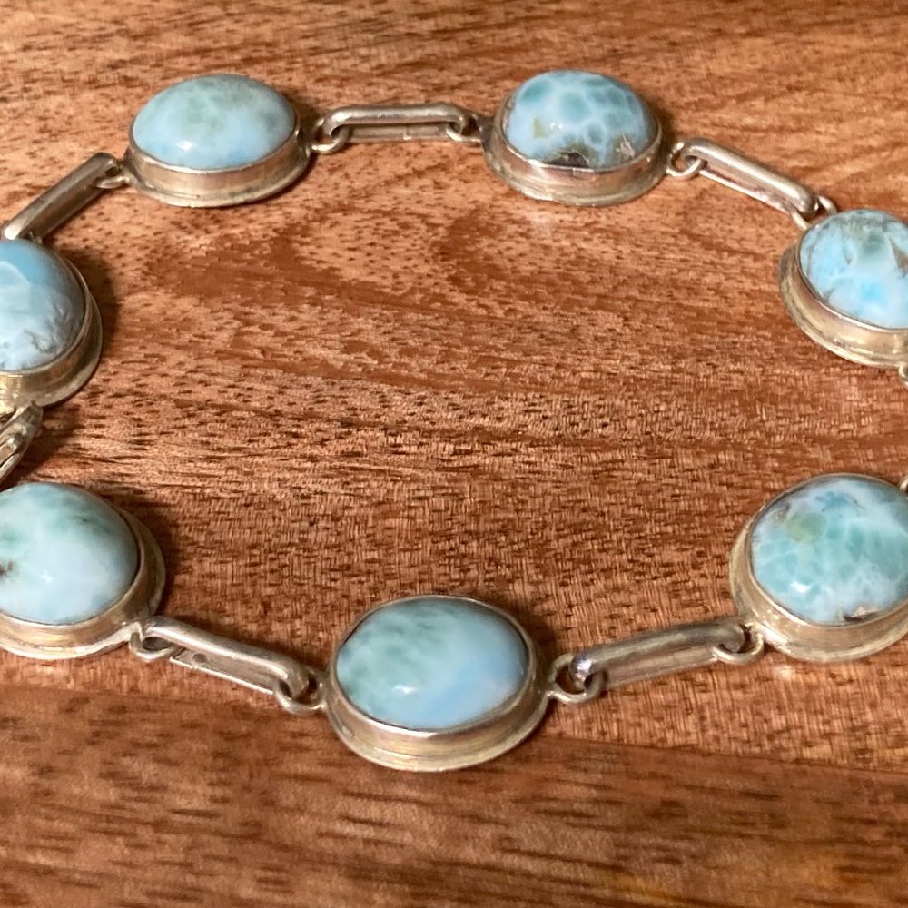 Oval Cut Natural Larimar Sterling Silver Bracelet 8 in.